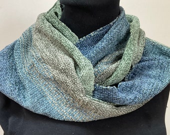 Handwoven  Infinity Scarf in Soft Blues and Greens