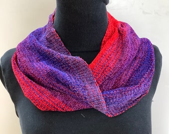 Handwoven Rayon Chenille  Cowl in a Red and Purple Transition