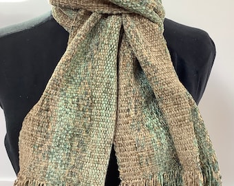 Handwoven Scarves in Soft Green and Tan