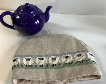 Handwoven Cotton and Linen Tea Cosy Featuring Vermont Sheep