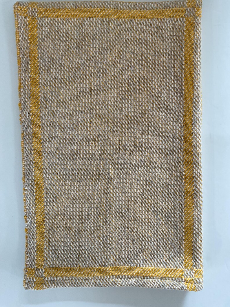 Handwoven Cotton and Linen Tea Towel in Cheerful Yellow Modern Block Pattern image 5