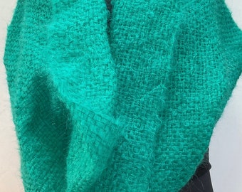 Handwoven Wool  and Mohair Infinity Shawl In Beautiful Jade Green