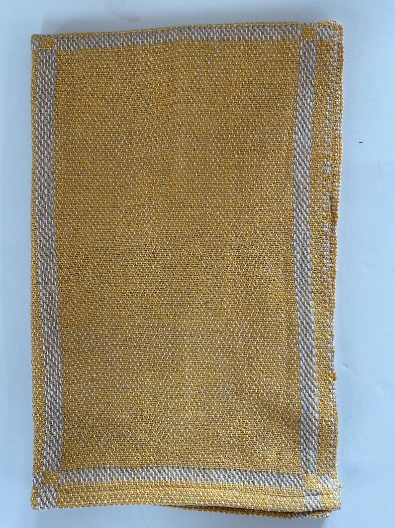 Handwoven Cotton and Linen Tea Towel in Cheerful Yellow Modern Block Pattern image 4