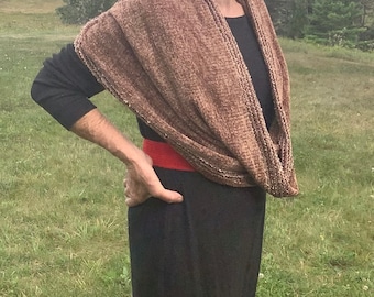 Handwoven Chenille Infinity Shawl: Elegant Brown Scarf