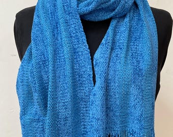Handwoven Rayon Chenille Scarf in Tone on Tone Cornflower Blue Stripe