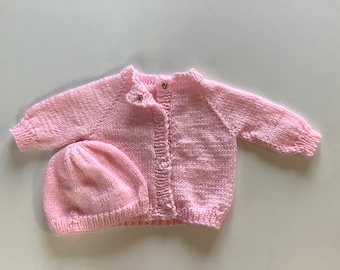 Hand knit Baby Sweaters and Hat Sets in Beautiful Baby Colors