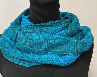 Handwoven Turquoise Rayon Infinity Scarf, Soft Drape