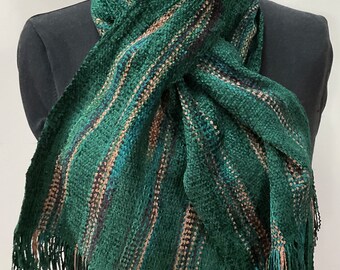 Handwoven Self Tie Scarves in a Green Stripe