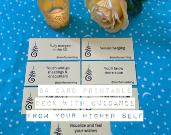 May include: A deck of 84 printable cards with guidance from your higher self. The cards have text such as "Fully merged in the 5D" and "Sexual merging". The cards are on a blue surface with white stars, with a candle and a yellow rose.