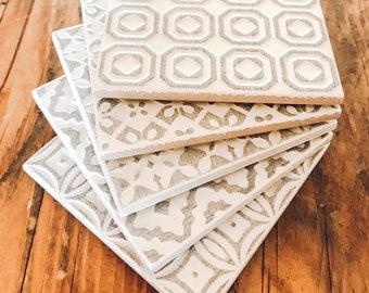 Light grey | multi pattern | ceramic coaster | set of five