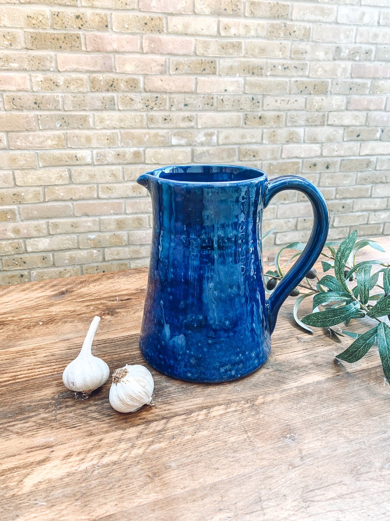 Cobalt blue extra large ceramic jug pitcher vase Mediterranean farmhouse style image 1