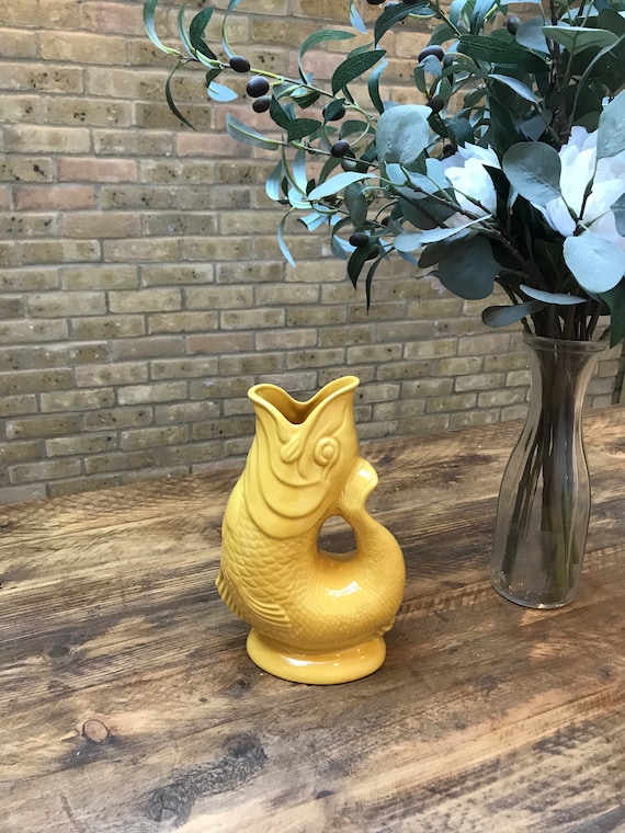 Pitcher Vase Utensil 1.3L Extra Large Wade Ceramic Yellow Gluggle Jug Fish UK Pitcher Vase Utensil 1.3L Extra Large Wade Ceramic Yellow Gluggle Jug Fish UK