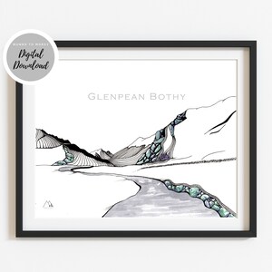 Bothy Print - Glenpean Bothy - Scotland Wall Art -  Scottish Gift for Man - Black & White Drawing Munro - HIking - Printable Munro