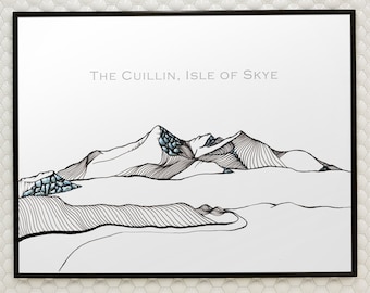 Cuillin Print Isle of Skye Scotland, Scotland Print, Scottish Gifts, Scottish Art, Climbing Gift, Line Mountain Drawing, Wall Art