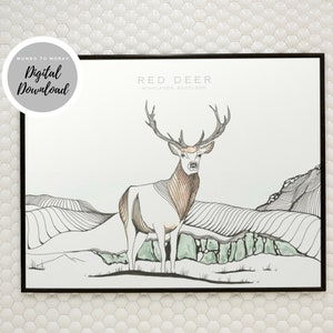 Impressão de veado escocês, arte de parede de veado, arte de parede IMPRIMÍVEL, decoração de casa de chifres de veado, decoração de quarto infantil, veado vermelho, DOWNLOAD DIGITAL, Highlands
