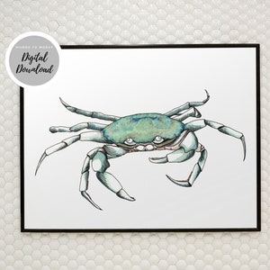 Impresión de arte náutico de cangrejo verde, imagen de ilustración junto al mar, impresión de arte de vida marina, decoración del hogar con temática de playa A5 A4 A3 A2