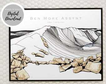 Abstract Mountain Wall Art, Black and White Mountain, Golden watercolor, Ben More Assynt, Scottish Highlands Gift Idea, Scottish Birthday