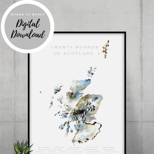 Munro Bagging - Kaart van Scotlands Munros PRINTBAAR - Wandelcadeau - Moderne Muurkunst - Bergschildering - DIGITALE DOWNLOAD - Klimcadeau