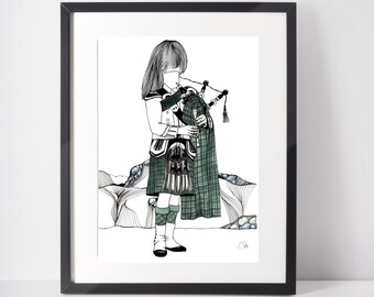 Bagpipes Picture - Bagpiper Gift - Scottish Print - Scotland Art Illustration - Clan Tartan - Personalised Gift - Wedding Gift