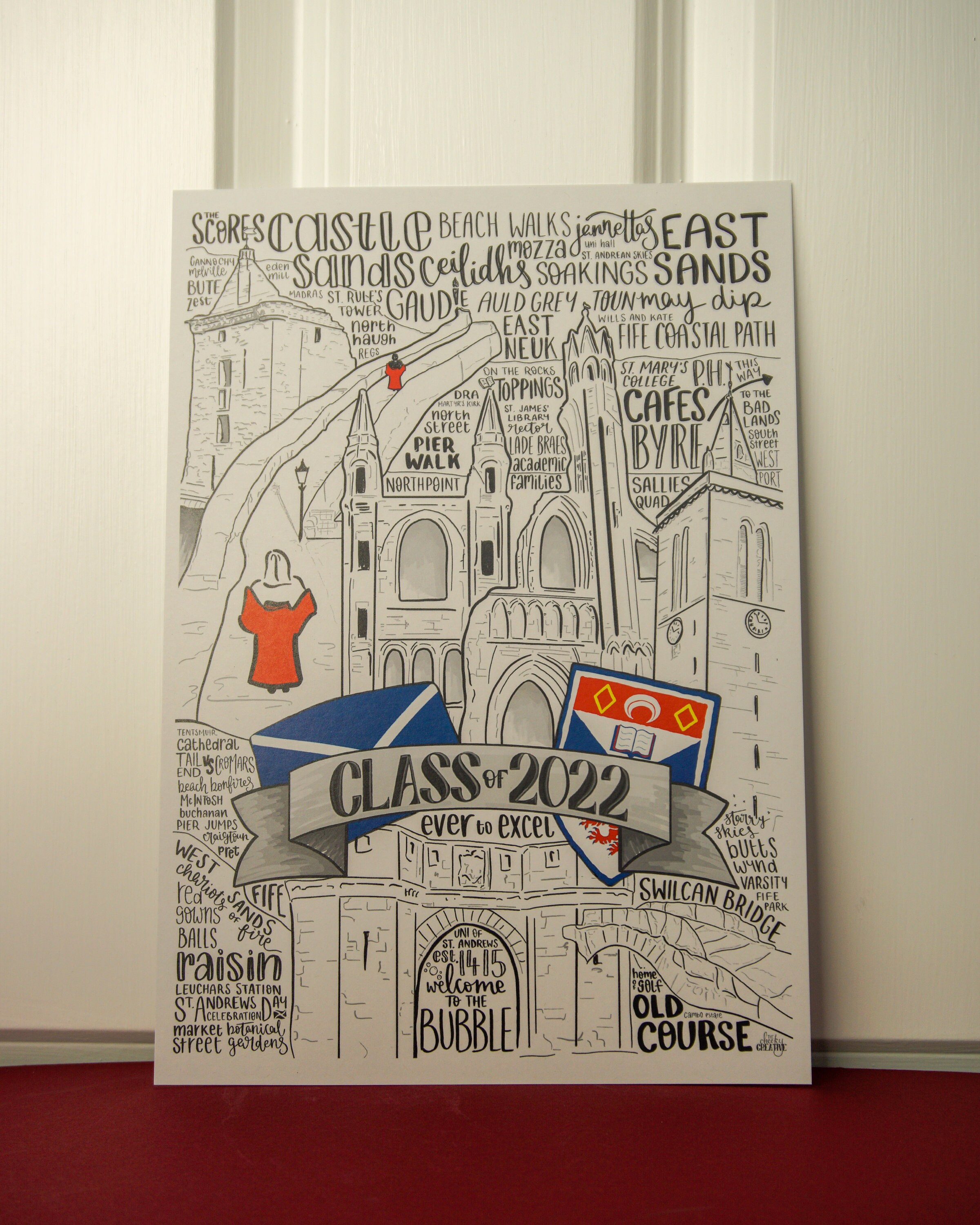 St Andrews University Graduation Gift A4 Poster Handdrawn Commemoration