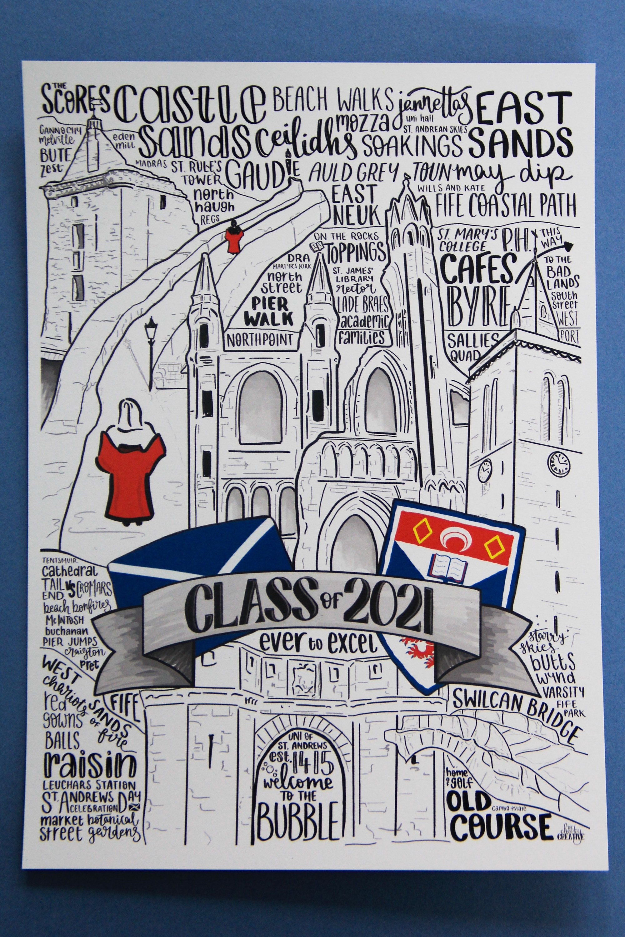 St Andrews University Graduation Gift A4 Poster Handdrawn Commemoration