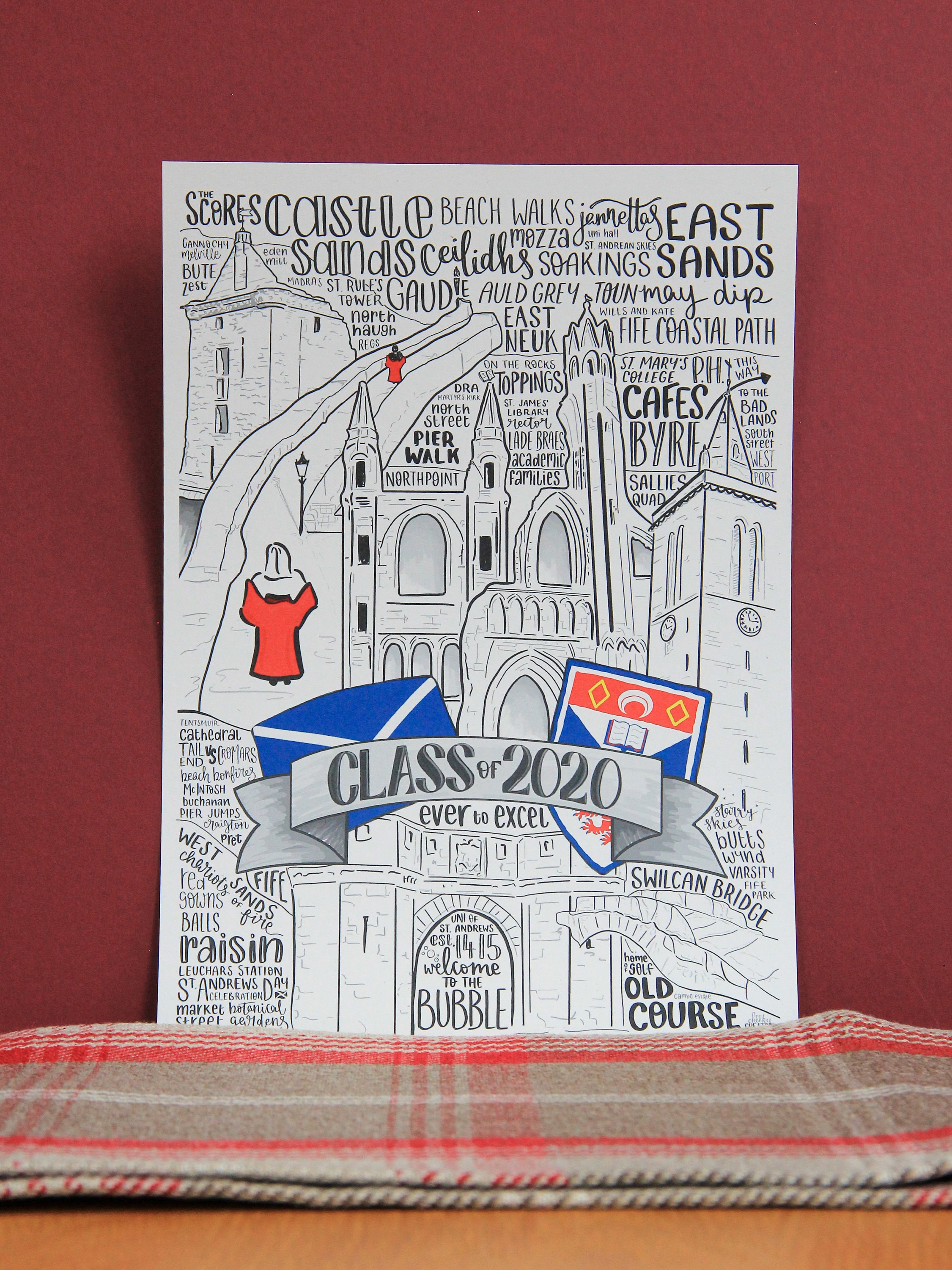 St Andrews University Graduation Gift A4 Poster Handdrawn Commemoration