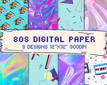 80s theme digital paper scrapbook paper instant download commercial use printable paper junk journal journaling 12x12 multiple designs