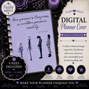 May include: A digital planner cover in light purple featuring the text One person's Craziness, is another person's reality. - TIM BURTON and illustrations of four characters. The design includes labels for 4 SIZES INCLUDED MINI, CLASSIC, BIG, A5.