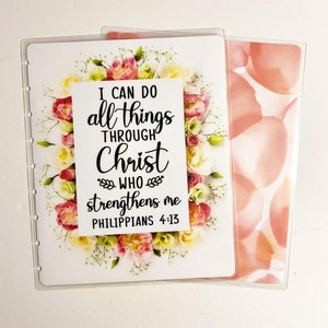 May include: A white card with a floral border and the text "I can do all things through Christ who strengthens me Philippians 4:13".