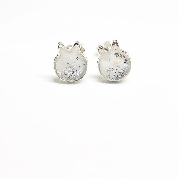 Minimalist White and Silver Glitter Totoro ECO Resin .925 Sterling Silver Post Earrings