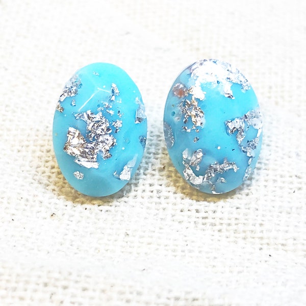 925 Sterling Silver Turquoise Blue and Silver Flake ECO Resin Post Earrings