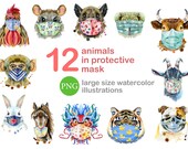 Animals in protective mask. Transparent PNG. Watercolor for instant download. Hand painted clipart. Be safe. Pandemic set. Health clipart