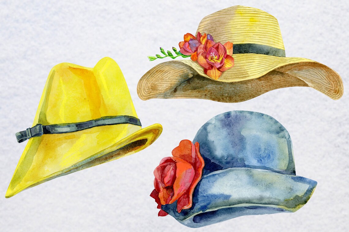Watercolor amazing hats clip arts PNG.  Sublimation. Etsy