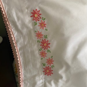 Pink Floral Embroidered Pillowcases (Set of 2) | Hand Embroidered Pillowcases | Crochet Edge Pillowcases