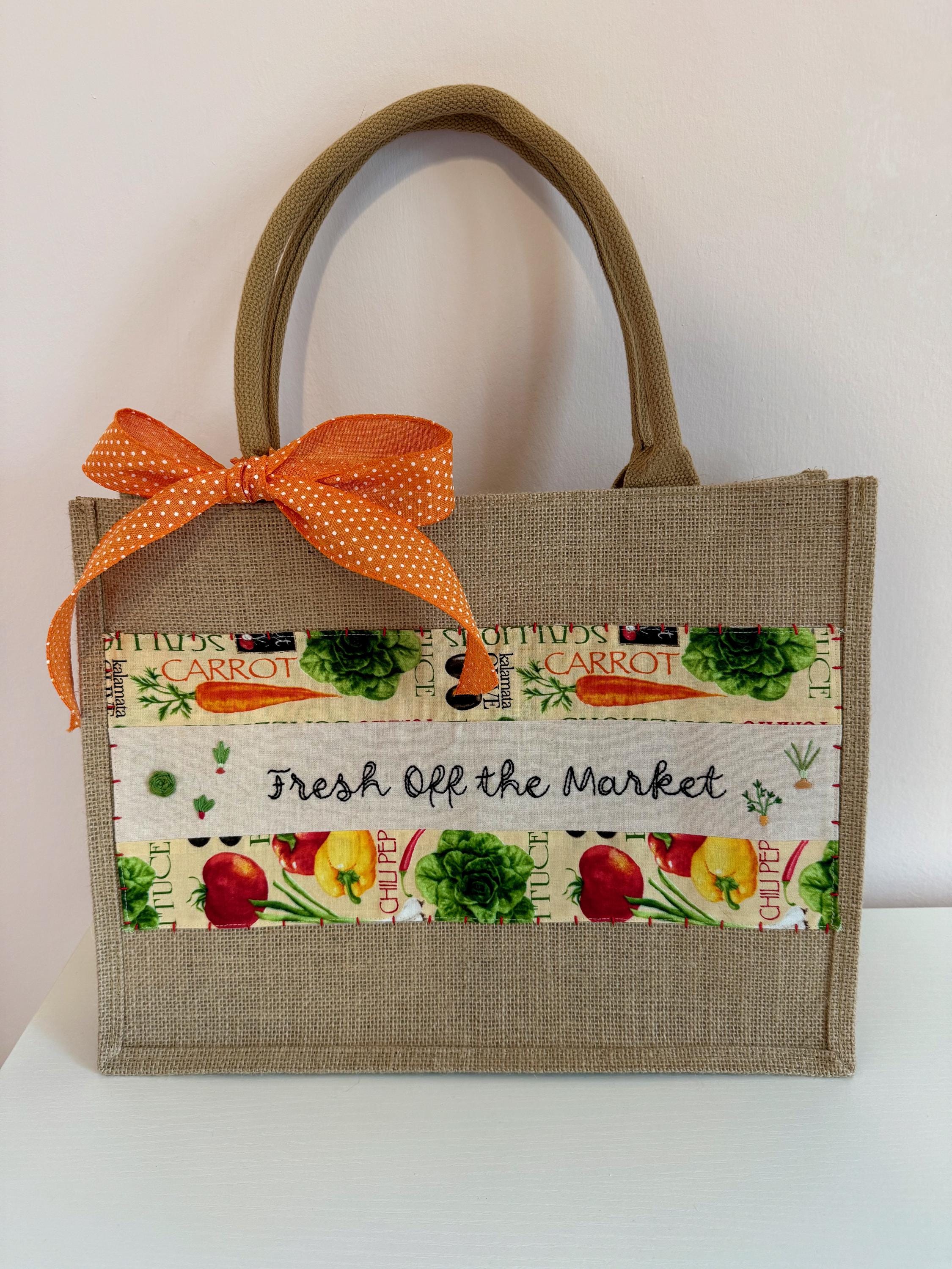 Hand Embroidered Farmer's Market Burlap Reusable Grocery Tote Bag