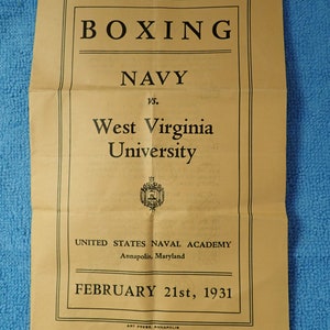 RARE 1931 Boxing Match Line Up Program Navy vs West Virginia Univ. At US Naval Academy Annapolis MD