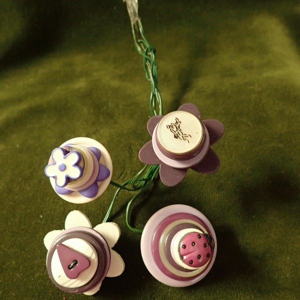 Vintage Button Bouquet of 4 Hand Made Flowers Strung on Florist Wire Made of Different Buttons, Purples and Cream Colors,