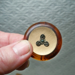Vintage Cloak Button Lg. Faux Tortoise Shell/ Root Beer Celluloid Embellished Center Thick 1940s 1 1/4" Used Shank