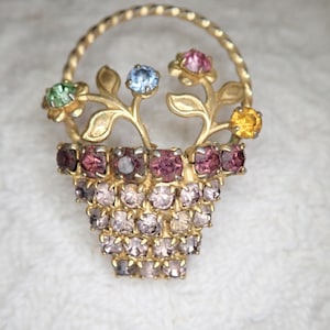 Vintage Brooch/Pin Quality Costume Jewelry Small flower basket multi colors of rhinestones