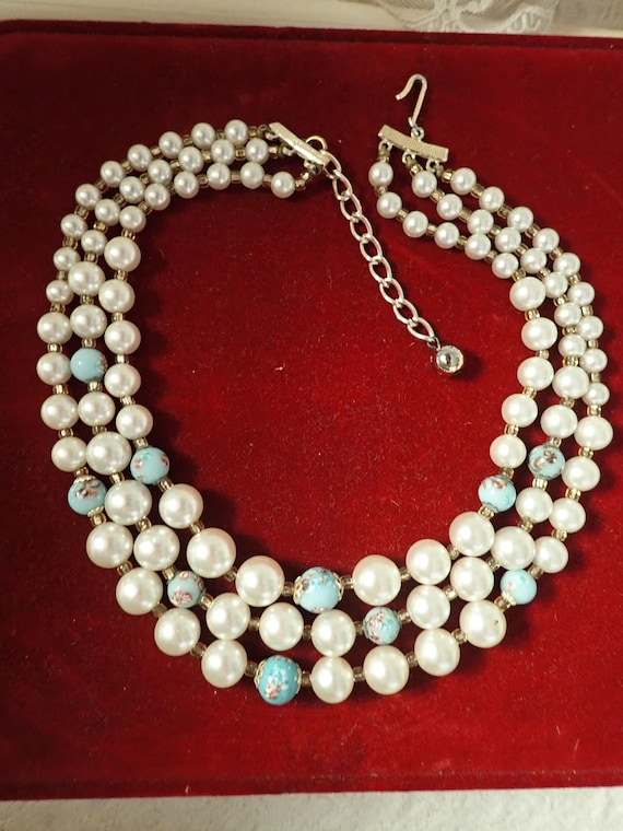 3 Strand Mid Century Faux Pearl Necklace Blue Bead