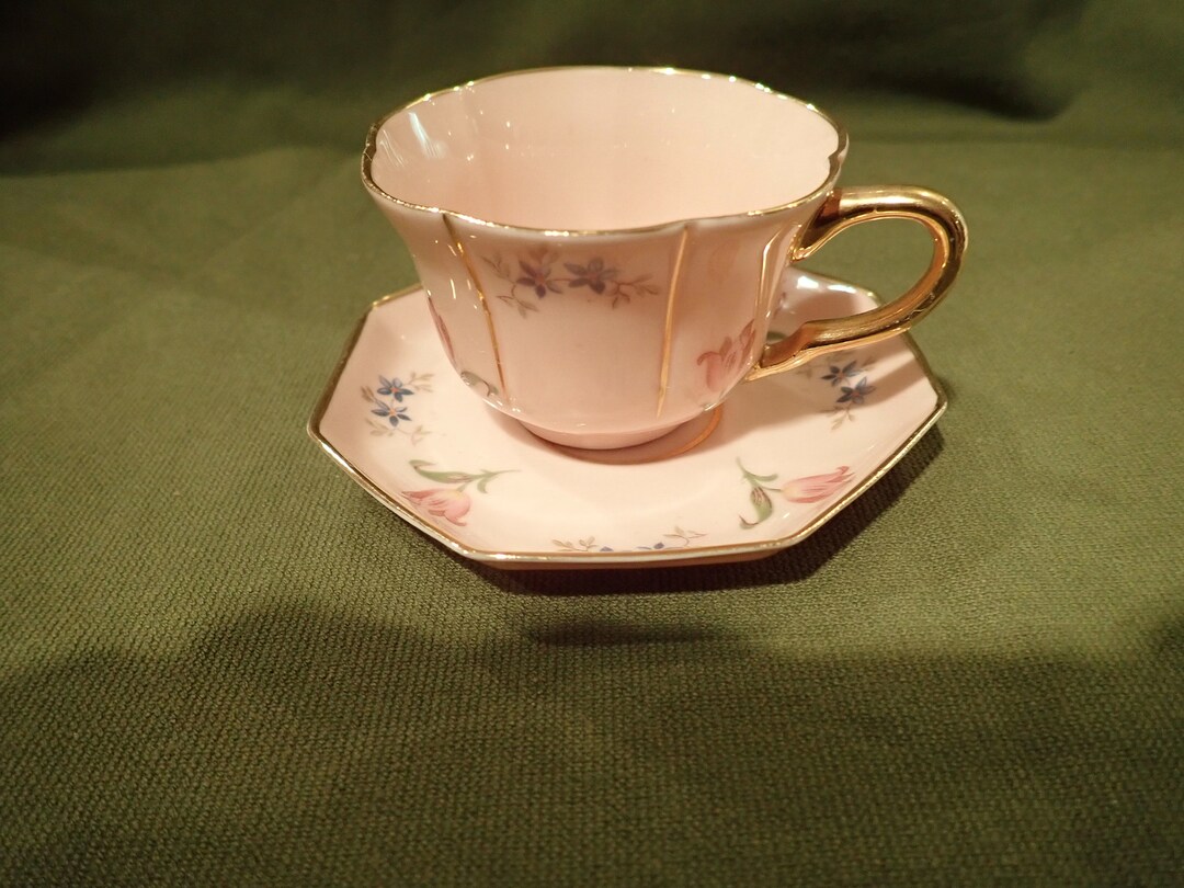 Vintage Demitasse Cup Saucer Pink Tulips Gold Trim Eight Sided Saucer ...