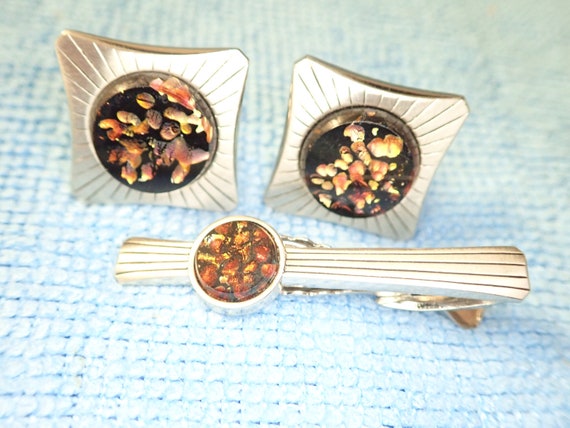 Vintage Hickok USA Cuff Link Tie Bar Set Confetti… - image 5