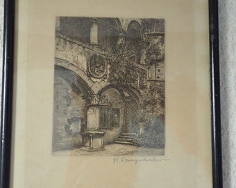 Orig. Etching Oberammergau Passion Play 5 1/2" x 7" Framed Pencil Signed Dated