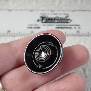 Vintage Large Cloak or Coat GLASS Button Black & Silver 1 1/16&quot; 4 Hole Square Metal Shank RARE