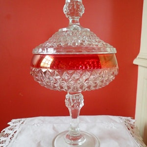 Vintage Diamond Point Candy Dish with Lid Cranberry Flash Large Size Heavy Weighs 3 Pounds No damage 11 Inches Tall