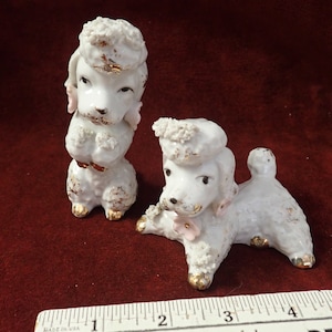 Vintage Porcelain Spaghetti Poodle Salt Pepper Shaker Figurines Matched Boy & Girl Pair Gold Trim Pink Flowers