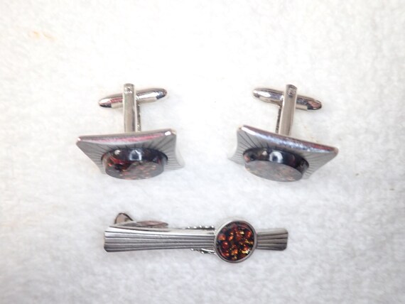 Vintage Hickok USA Cuff Link Tie Bar Set Confetti… - image 3