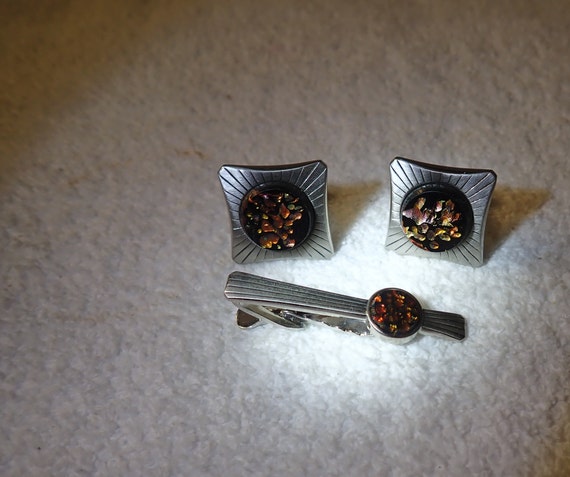 Vintage Hickok USA Cuff Link Tie Bar Set Confetti… - image 1