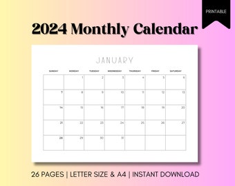 2024 Calendar 2024 | Monthly Planner Landscape | Blank Monthly Calendar | Sunday Start 2024 | A4 Letter Size Wall Calendar