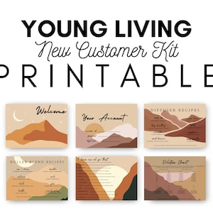 Może przedstawiać: Drukowany zestaw Young Living New Customer Kit z sześcioma kartami. Karty przedstawiają ilustracje krajobrazów pustynnych w odcieniach brązu, beżu i pomarańczy. Tekst zawiera "Welcome", "Your Account", "Diffuser Recipes", "Roller Blend Recipes", "I have an oil for that" i "Dilution Chart".
